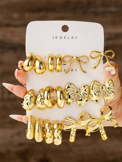 9 Pairs Gold Thick Solid Gold Hoop Earrings - Includes Bow, Teardrop C-Shaped, Smooth Rings, Ruched Rings, Versatile Styles For Women, Fashionable & Elegant For Daily Wear