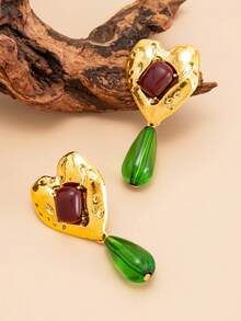 1 Pair Luxury Resin Teardrop Gemstone Earrings, Vintage Creative Exaggerated Metal Heart Stud Earrings, Charming Fashion Jewelry For Women - Heart-shaped Earrings - View 6