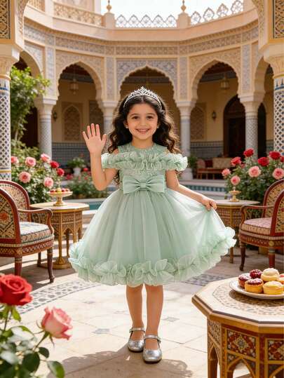 Girls' Elegant Floral Lace Bow Princess Dress, Puffy Tulle Party Gown, Flower Girl Dress For Wedding