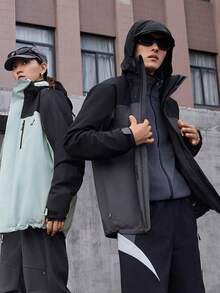 adidas THREE-IN-ONE FLEECE JACKET 防潑防風三合一加絨休閒連帽外套外套 男女同款 固態深灰