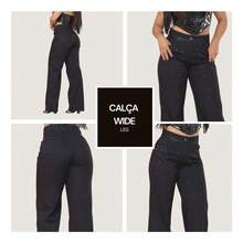 Calça Wide Leg Feminina Preta Cintura Alta Com Brilho Strass - Preto - Visão 5