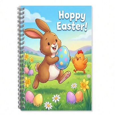 1 lebendiges Lauf-Häschen Notizbuch - "Fröhliche Ostern" lustiger Text mit Hase und Küken Cover, die mit Eiern laufen, Spiralbindung, hochwertig glatte Papier, geeignet für Schülerarbeiten, Graffiti-Malerei oder als Notizblock, Ostergeschenke | Schulmaterial | Notizbuch, 5,5 * 8,3 Zoll