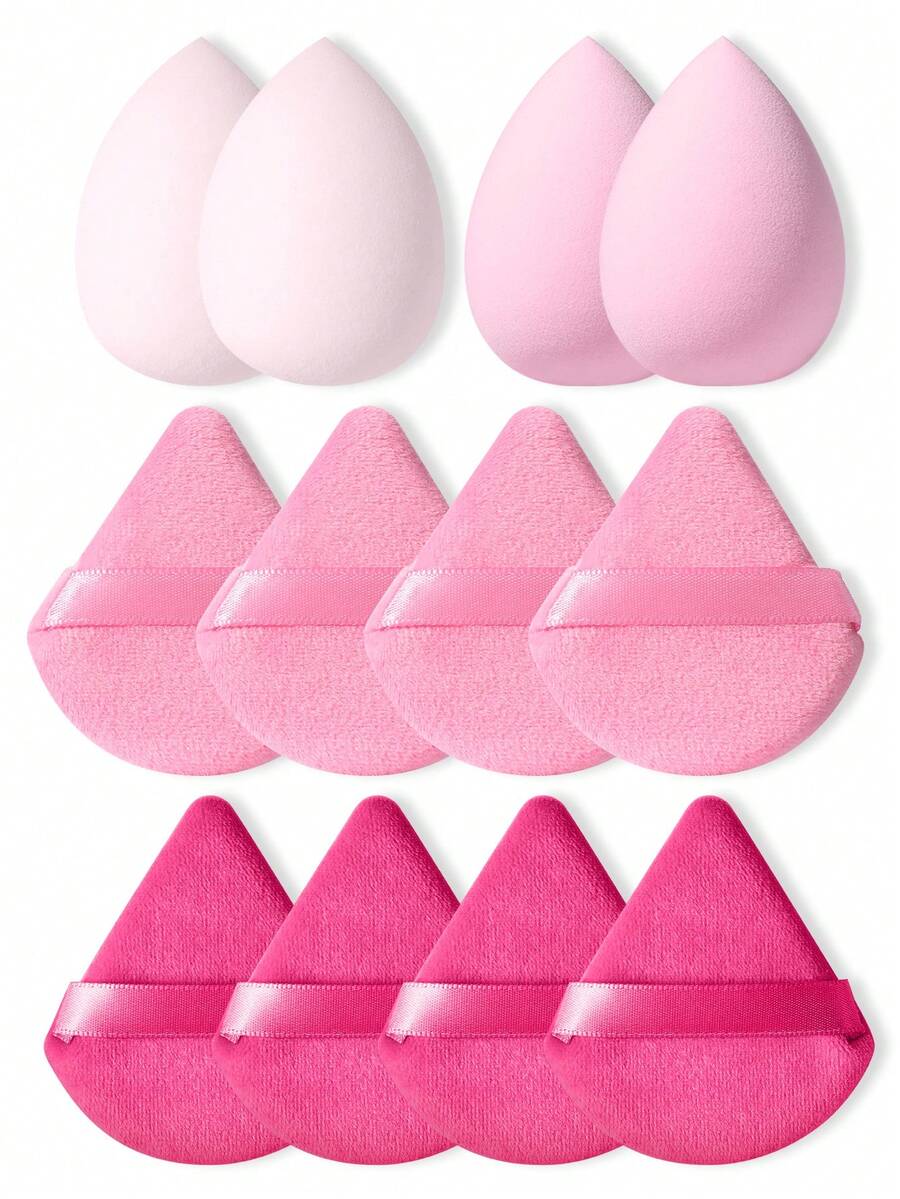 12件套精准化妆海绵及粉扑套装：4个多形状美妆蛋 + 8个细节三角粉扑 – 非常适合全脸底妆和定妆 - 粉色 - 查看 1