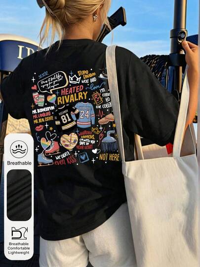 Plus Size Women's Daily Khoranos Romance Novel Graphic Crew Neck Short Sleeves Casual Summer Women's Tops ,Ice Hockey Jerseys And Colorful Heart-Shaped Balloons Graphic Women's Black T-Shirt