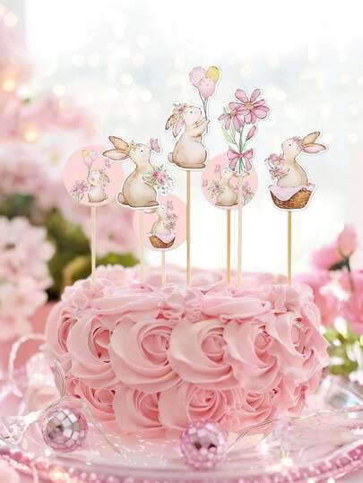 Decoraciones para cupcakes con conejo y flor rosa, decoraciones de cupcakes con conejito de Pascua, decoraciones de pastel de Pascua, decoración de postre con conejo, adecuado para temas de Pascua, cumpleaños de primavera, decoraciones para fiestas de baby shower
