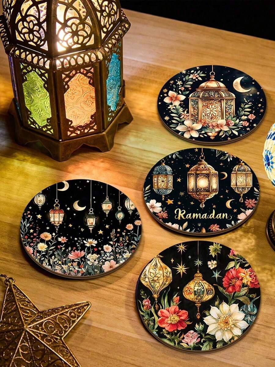 以伊斯兰图案和斋月为主题的杯垫，饰有金色新月和花卉印花，防滑，适用于咖啡杯，耐热耐用，适用于客厅、厨房和办公室，是送给家人、朋友和爱人的礼物，适合斋月、开斋节、情人节、圣诞节和感恩节，斋月快乐！ - 彩色 - 查看 1