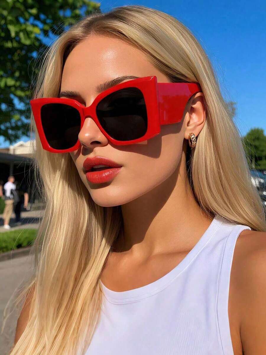 1 Pair Of Women's Large Cat Eye Red Frame Gray Sheet Casual Fashion Glasses - Red - View 1
