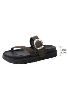 New Fashion Metal Buckle Decor, Open Toe, Platform Thick Bottom Slippers, Fashionable Slides, Comfortable Versatile Beach Sandals, Suitable For Daily Wear - Coffee Brown - View 7