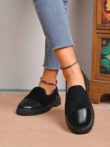 Women's All Black Slip-On Casual Shoes Comfy Knit Fabric Platform Serrated Sole Daily Wear Flats - Black - View 6