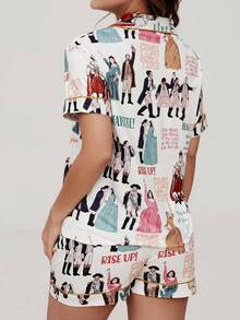 两件套女士汉密尔顿音乐剧印花短袖短裤睡衣套装，舒适吸睛的Polo领针织上衣，配有纽扣前袋和松紧腰裤，适合所有季节，时尚经典家居服。 - 白色 - 查看 4