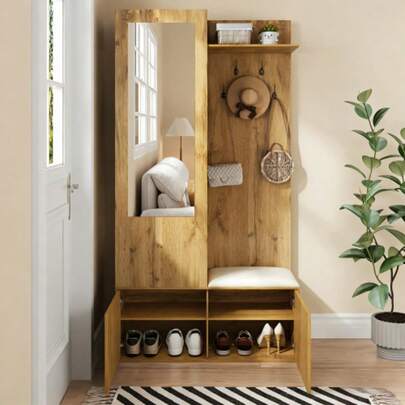 The Wardrobe Set Includes 5 Hooded Hooks, A Mirror, A Shoe Cabinet, A Top Shelf With A Hidden Tapestry Area And A Wardrobe Bench In The Hallway.