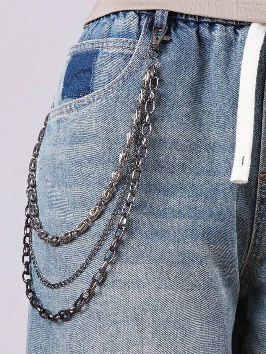 1条时尚多层金属腰链，个性枪黑色扭链多层裤链，百搭牛仔裤链，适合日常佩戴 - 槍黑色 - 查看 1