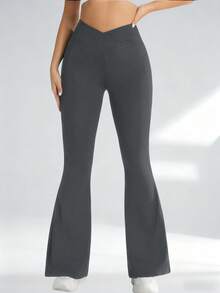Women's Criss-Cross Waist Flare Pants, High Elasticity Polyester Solid Color Sports Yoga Pants, Criss-Cross Waist Casual Long Pants, Solid Color Skinny Workout Leggings Suitable For All Seasons, Knit Fabric Wide Leg Pants Suitable For Fitness And Leisure Wear - 灰色 - 查看 8