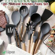 12-Piece Silicone Cookware Set With Wooden Handles - Non-Stick, Dishwasher , Modern Kitchenware, Ideal Choice For Mother's Day, Essential Kitchen Item, Kitchen Gadget, Kitchenware, Kitchen Utensils - Multicolor - View 10