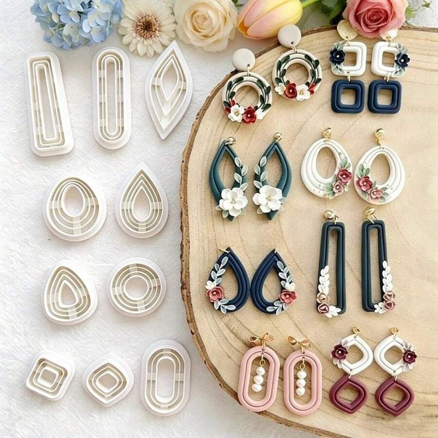 1/10Pcs Organic Outline Geometry Polymer Clay Cutters Multiple Lines Drop Ellipse Ribbed Earrings Jewelry Soft Pottery Clay Making Tools - White - View 1