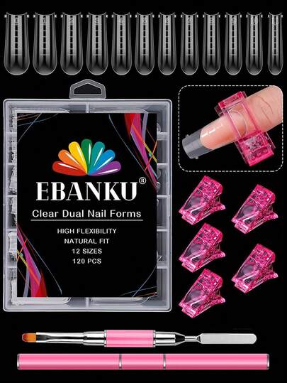 120pcs Transparent Nail Extension, Full Set Of UV Polygel Nail Tools, Acrylic Nail System Shape Kit, With Pink Double-Ended Polygel Brush And 5pcs Nail Tip Clippers