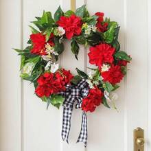 Red Geranium Wreaths For Front Door Year Round Outside, Artificial Spring Summer Wreath With Buffalo Bowknot Farmhouse Home Decor - Red - View 2