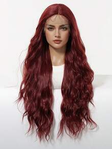 28英寸长酒红色波浪卷发多层次发型合成自然假发蕾丝前假发13*4*1手工编织蕾丝化纤发日常进口丝绸派对婚礼音乐节万圣节礼物 - 酒紅色 - 查看 2