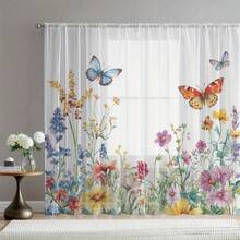 2 piezas de cortinas transparentes con estampado de flores y mariposas en acuarela, impresión 2D, adecuadas para la decoración de ventanas primaverales, estilo de hogar fresco, aplicables para cocina, cafetería, sala de estar, dormitorio, jardín, con bolsillo para barra - Multicolor - Ver 11
