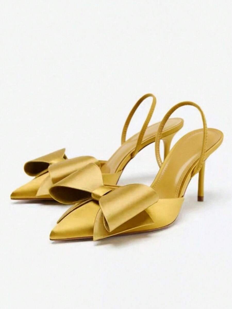 Giày sandal cao gót mũi nhọn màu đen đính nơ dành cho nữ, gót nhọn kín mũi, quà tặng Ngày của Mẹ. - Màu vàng - Xem 1