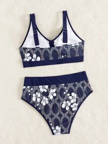 Floral Print V-Neck Backless Swimsuit Set For Women, High Waist Bandeau Bikini With Twist Design Vacation Beach - Multicolor - View 5