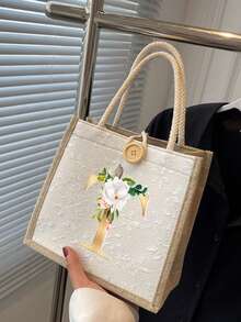 白色印花亞麻托特包，波希米亞風格花卉圖案與金色字母 (A-Z) 裝飾。配有亞麻鈕扣，設計簡約且空間大，便攜休閒收納包。這款多功能購物袋非常適合購物、肩背、手提、裝午餐或午餐盒。適合作為女性在工作、學校、情人節、開學季、結婚週年紀念等場合的禮物。 - 彩色 - 查看 5