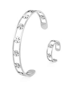 2pcs Simple & Fashionable Stainless Steel Geometric Clover Bangle & Ring Set, And Suitable For Daily Commute Valentines - Rings + Bracelets - View 5