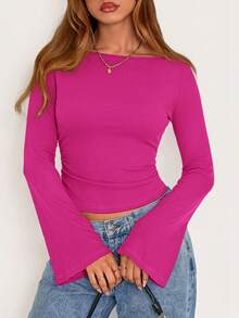 Fall New Arrival Women's Long-Sleeve Top Crop-Top Style Casual Outerwear Boat Neck With Bell Sleeves Ribbed Pleated Design Millennial-Inspired Fashion - Màu Hồng Tươi - Xem 1