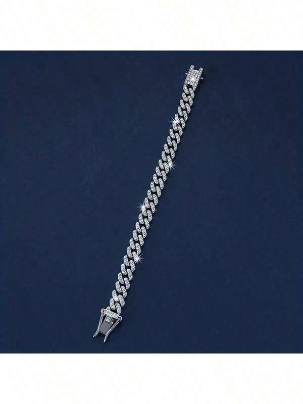 1pc Rhinestone Decor Cuban Link Chain Bracelet, Gift For Women