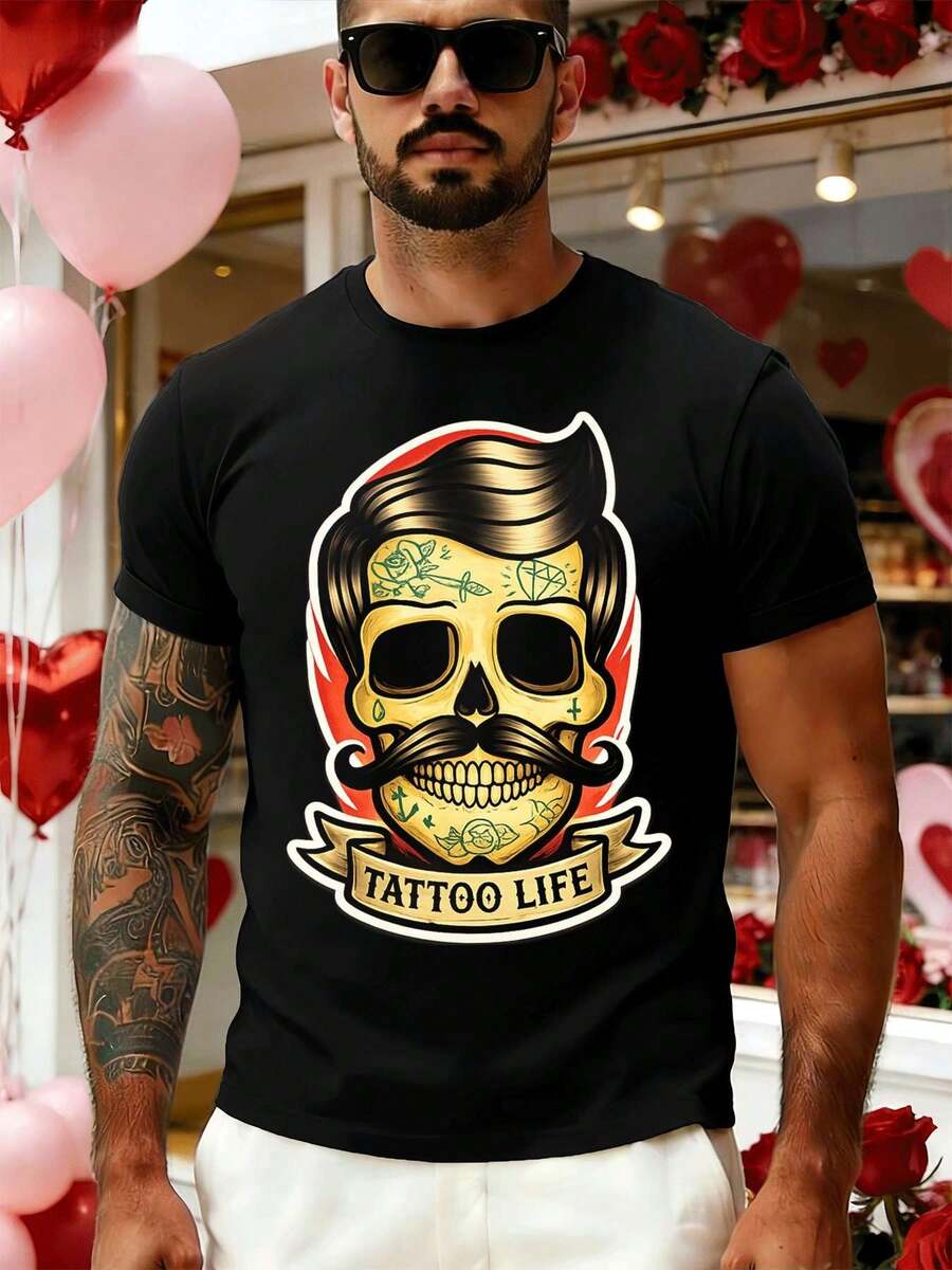 Camiseta negra con diseño de tatuaje, algodón suave, ajuste cómodo, estampado artístico informal. - Negro - Ver 1