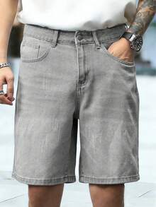 Teen Boy Fashionable Casual Street Y2K Style Light Grey Denim Shorts - Light Grey - View 4