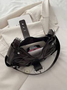 Bolso de mano plegado con hebilla de hardware de unicolor personalizado y versátil, elegante y popular bolso de hombro en forma de media luna con remaches, adecuado para compras, carteras, compras, mujeres jóvenes, estudiantes universitarios, recién llegados y trabajadores de cuello blanco. Son muy adecuados para oficinas, universidades, trabajo, negocios, viajes al trabajo, actividades al aire libre, viajes y salidas - Marrón - Ver 8