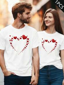 Couples Matching Heart Print T Shirt Spring, Crew Neck, Relaxed Fit, Street Hip-Hop, Comfort Fit, Graphic Design - MenWhite-1PC - View 2