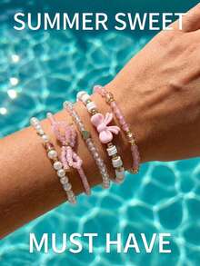 6pcs Glass Bead & Faux Pearl Soft Clay Handmade Stacking Bracelets, Pink Series Cute Sexy Versatile Holiday Y2K Bow Heart Bracelet Set
