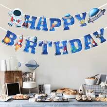 1 Set Space Themed Birthday Celebration Banner Featuring Astronaut, Planet And Rocket Patterns With "Happy Birthday" Text. 1 Set Complete Space Themed Birthday Party Flags Including "Happy Birthday" Flag And Astronaut/Rocket/UFO Pattern Paper Garland. These Decorations Are Ideal For Hanging As Backdrop At Birthday Parties And Can Also Be Used For Wall Decor At Holiday Celebrations. - Space Astronaut - View 6
