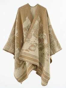 Elegante chaleco de mujer con diseño de colores combinados abrigo de imitación de cachemira capa exterior para el invierno - Caqui - Ver 3