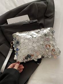 Fashionable Glitter Sequin Rectangle Clutch Bag, Zipper Wristlet Pouch, Unique Chain Strap Envelope Crossbody Bag For Women