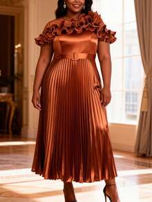 Plus Size Women Elegant Round Neck Ruffle Sleeve Pleated Long Dress With Belt, Suitable For New Year Party Dress - Brown - View 4