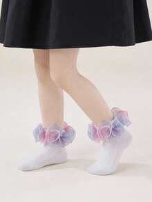 1双纯棉儿童蕾丝边短袜，蓬松蕾丝网眼女童蕾丝边袜，可爱公主舞蹈袜 - 白色 - 查看 2