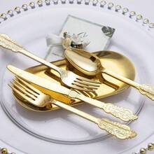 120pcs Vintage Plastic Silverware Set, High-Quality Disposable Heavy-Duty Cutlery Set With Retro Pattern, Suitable For Large Events, Parties, Weddings, Birthdays, Galas, New Year - Gold - View 9