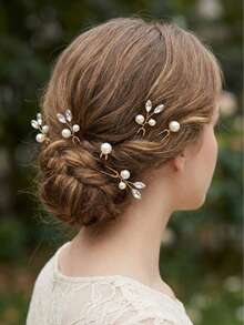 6/12pcs Boho Leaf Design Pearl Hair Sticks, Romantic Gold Tone Hair Jewelry Gift For Women Party - Gold - View 2