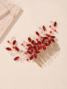 1pc Crystal & Rhinestone Decor Bridal/Bridesmaid Hair Comb, Elegant Hair Accessory For Wedding, Banquet, Party - Red - View 7