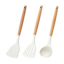 Silicone Kitchenware Set, Heat Resistant Non-Stick Pot Spatula, Soup Ladle, Cooking Spoon With Wooden Handle - White - View 14