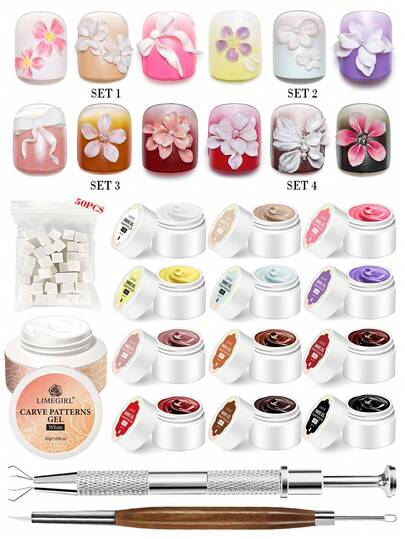 LIMEGIRL 3D Carve Patterns Gel Patting Gel Polish Kit: 3 Colors Pat Gel Polish Palette No-Wipe Blooming Gels Nail Polish 3D CARVE PATTERNS GEL With Sponges Tool For Ombre Aura Nails Art DIY