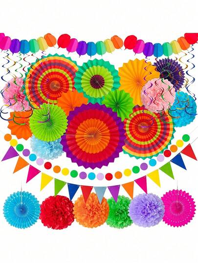 32pcs Colorful Holiday Party Decorations, Holiday Paper Fan Party Decoration Set, Mexican Theme Hanging Paper Fans, Paper Fan Party Decoration Set, Colorful Flags, Garlands, Banners, Hanging Spiral Decor (Multi-Color), Christmas, Carnival Photo Props, Pool Party, Summer Wedding And DIY Room Decor, Carnival, Graduation, Back To School, Halloween, Thanksgiving, Birthday