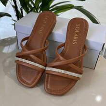Women's Casual Sandal With Glitter And Rhinestones, Straps And Square Toe - Luxurious And Comfortable - 棕色 RF04 - 查看 1