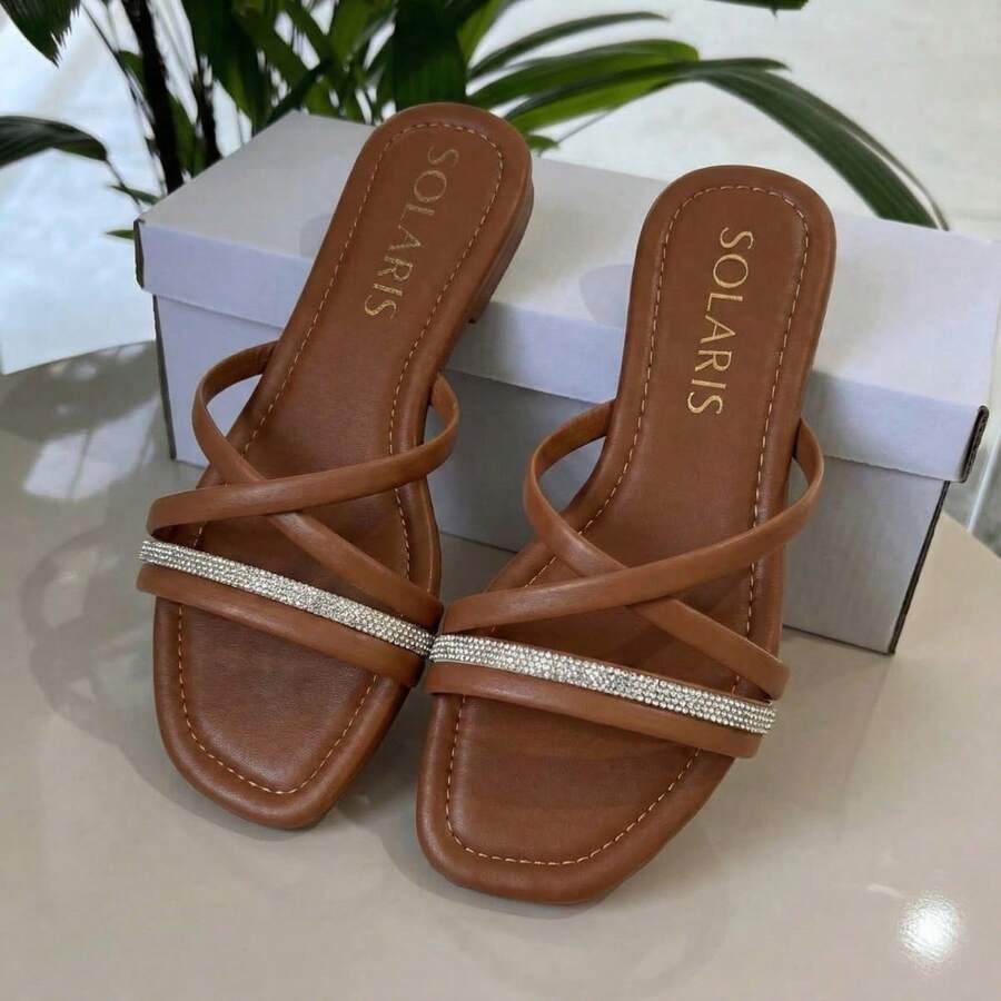 Women's Casual Sandal With Glitter And Rhinestones, Straps And Square Toe - Luxurious And Comfortable - 棕色 RF04 - 查看 1