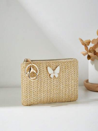 时尚新款草编蝴蝶结口红包零钱包