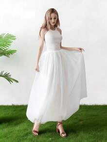 一件装女士高腰中长款薄纱裙，四层薄纱加衬里，蓬蓬裙摆，褶皱设计，A字裙型，洛丽塔风格，雪纺材质，适合夏季及所有季节，可作伴娘礼服、婚纱、晚礼服，适用于婚礼、派对、表演、角色扮演、舞台演出、舞蹈表演等场合。 - 多色 - 查看 11