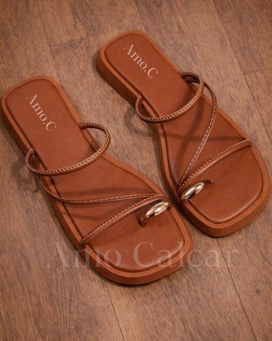 Women's Flatform Sandal With ABS Detail On The Little Toe, Elegant Women's Flat Summer - 鏽棕色 - 查看 1